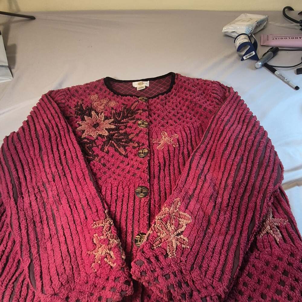 Vintage Sandy Starkman Chenille Floral Embroidered Cardigan Sweater